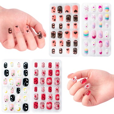 krofaue Press on Nails for Kids - 96pcs 4 Pack Children Fake Nails Kids Girls Stick on Nails for Kids Full Cover Cute Pre-Glue Acrylic Fake Fingernails Kits Sets Little Girls Short Nail Decoration