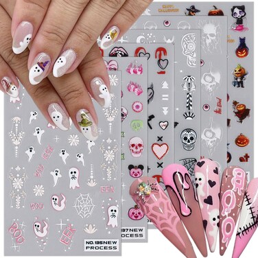 6 Sheets Halloween Nail Art Stickers 3D Self-Adhesive Ghost Nail Stickers Day of the Dead Skull Bloody Drop Pumpkin Spider Web Nail Decals Designs Gothic Stickers for Women Girls Acrylic Manicure Tips