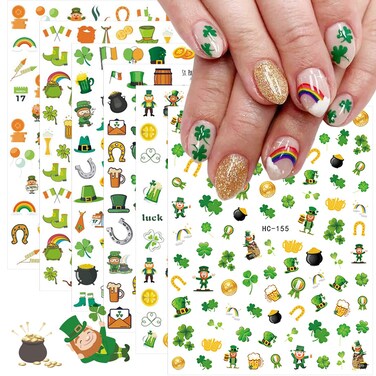 6 Sheets St Patrick&rsquo;s Day Nail Art Stickers 3D Self-Adhesive Green Shamrock Nail Decals Irish Clover Dwarf Hat St Patricks Day Nail Stickers Designs for Women Girls DIY Acrylic Nails Decorations