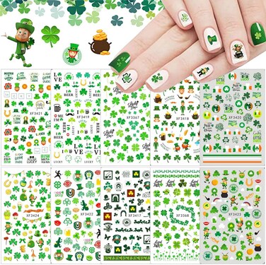 St. Patrick&rsquo;s Day Nail Stickers 3D Self-Adhesive Shamrock Nail Art Stickers Clover Irish Green Dwarf Gold Hat Design St Patricks Day Nail Decals Nail Art Supplies for Women Acrylic Nails Decorations