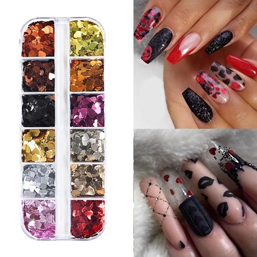 KTAABTR 12 Grids Valentines Day Nail Art Sequins Holographic Glitter 3D Heart Nail Glitter Valentines Day Heart Nail Sequins for Women DIY Manicure Valentines Heart Glitter Nail Decoration