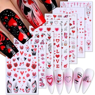 KTAABTR 8 Sheets Valentines Day Nail Art Stickers Decals Valentines Self-Adhesive Nail Design Stickers Romantic Angel Cupid Bear Red Lips Heart Nail Decals for Women DIY Valentines Day Nail Decoration