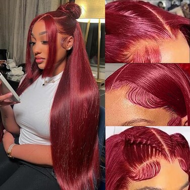 99J Burgundy Lace Front Wigs Human Hair 30 Inch Straight 13x4 Lace Front Wigs Human Hair Pre Plucked with Baby Hair 180% Density Glueless Wigs Wine Red Lace Frontal Wigs Human Hair