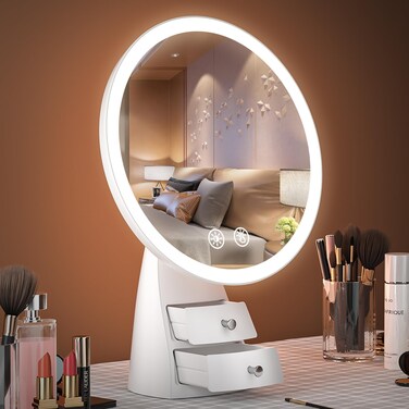Lighted Makeup Mirror with Organizer, Rechargeable Tabletop Basics Makeup Mirror, Round Vanity Mirror with Lights, 3 Color Modes &amp; Adjustable Brightness, White