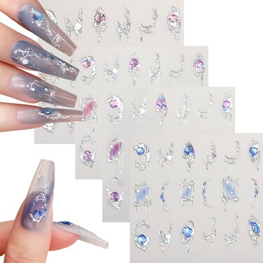 5D Embossed Nail Art Stickers, Crystal Soft Glue Silver Stamping Nail Sticker Imitation Diamond Flash Nail Designs Nail Decals Decoration for Women Girl DIY Acrylic Nail Accessories(4 Sheet)