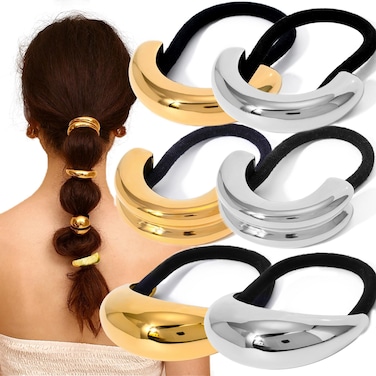 6 PCS Metal Hair Ties Geometric Elastic Hair Ties Fashion Anti-Slip Glossy Arch Ponytail Hair Band Elegant Hair Cuff Wrap Hair Ties for Thick Hair for Women Hair Accessories （Gold, Silver）