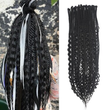 24 Inch 3 In 1 Dreadlock Extensions Sets, 30 Strands Mixed Black Synthetic SE Dreads Extensions, Handmade Soft Single Ended Curly Boho Wavy Thin 0.6cm Dreads for Girls