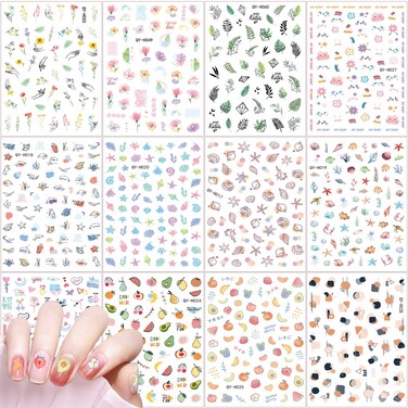 12 Sheets Nail Stickers, Flower Ocean Animal Nail Art Stickers Supply 3D Self-Adhesive Nail Stickers Decals Fruits Sea Life DIY Nail Art Supplies Decoration for Kids Woman Girls