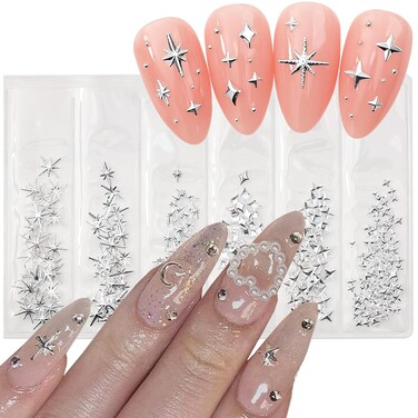 Silver Star Nail Charms, 3D Star Nail Art Charms Shiny Starlight Metal Nail Art Decorations Cross Star Nails Studs Rhinestones Star Nail Jewelry Gem DIY Salon Charm Nail Gems Nail Supplies Crafts