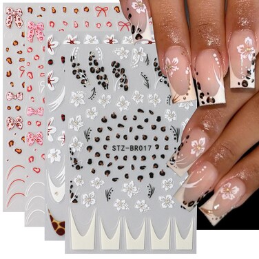 4Sheets French Leopard Nail Art Stickers 3D Pink Brown Leopard Print Dot with Hibiscus Flower Lace Floral Petals Nail Design Cute Bow Nail Sticker French Lines Nail Tips Adhesive Decals DIY Decoration