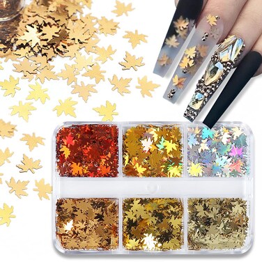 Fall Nail Art Glitters - Maple Leaf Nail Art Supplies Sequins 3D Gold Laser Nails Glitter Flake Holographic Fall Leaves Glitter Nail Sticker for Manicure Autumn Winter Gel Nail Art Decorations 6 Grids