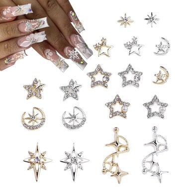 Alloy Star Nail Charms - 18Pcs Metal Five-Pointed Star Nail Charms Gold Silver Star Nail Rhinestones for Nails 3D Shiny Luxury Star Nail Gems Nail Stones Nail Jewels Accessories for Manicure Craft DIY