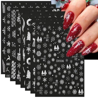 Glitter Snowflakes Nail Art Stickers -3D Snow Nail Stickers Self-Adhesive Decals Silver Glitter Snowflake Elk Christmas Trees Shiny Winter Light Luxury Flash Nail Design Decal New Year Xmas Manicure
