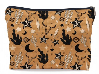 Western Country Stuff Bull Skull Cactus Celestial Pattern Makeup Bag Make up Cosmetic Bag Small Zipper Pouch,Gifts for Girls Women,Cowgirl Gifts for Girls