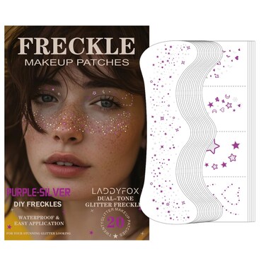 20 Pcs Dual-tone Face Makeup Patches, Purple-silver Glitter Freckles, Glitter Freckles Face Tattoo, Waterproof Face Sparkle Freckles, Long-Lasting 48h Freckles for Women (Purple-silver)