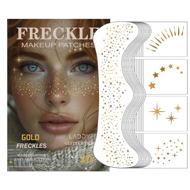20 Pcs Gold Face Makeup Patches, Glitter Freckles Face Tattoo, Glitter Freckles, Sparkle Makeup Patches, Waterproof Face Glitter Freckles Patches for Women (Gold)