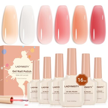 6 Pcs 16 ML Jelly Nail Polish Gel X Nail Polish Pink Gel Polish Set Soak Off Nail Art Manicure Salon DIY for Women (Jelly Milky White Nude Pink Orange-J7-12)