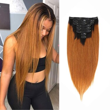 Ombre Clip in Human Hair Extensions Straight Human Hair 100% Remy Hair 140G Silky Thick Real Human Hair Extensions for Black Women 8Pcs A Total of 18 Clips(14Inch，#1B/30 Brown)