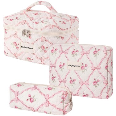 LAKSMI Women Makeup Bag, Quilted Makeup Bag,Large Floral Cosmetic Bag,Cotton Makeup Bag Set,Flower Travel Toiletry Bag