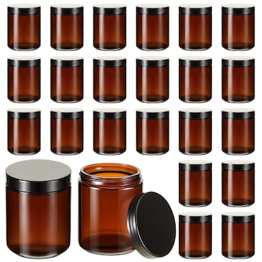 Lallisa 32 Pieces 8 oz Amber Round Glass Jars Empty Leakproof Candle Making Jars Amber Containers with Lids Dishwasher Safe Refillable Containers for Cosmetic Face Creams Body Butter Lotions Storage