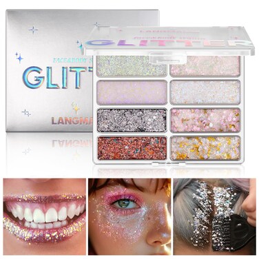 LANGMANNI 8 Colors Face &amp; Body Glitter Palette - Holographic Changing Sparkling Mermaid Sequins for Women Girls Music Festival Party Rave Makeup(#A)