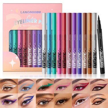 LANGMANNI 12 Colors Matte Liquid Eyeliner Set, Neon Colorful Pigmented With Long-lasting, Smudgeproof &amp; Waterproof Eye Liner Makeup for Bold &amp; Stunning Looks - Gift for Girls