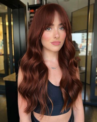 LANOVA Copper Red Wig with Bangs, Loose Curly Ginger Wigs for Women, Red Wig 22 inch Auburn Wig, Synthetic Full Wig LANOVA-115