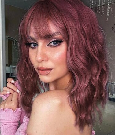 LANOVA Burgundy Wig with Bangs, Red Short Curly Wigs for Women, Synthetic Curly Wig, Red Wigs, Burgundy Wigs, 10 inch LANOVA-134-3