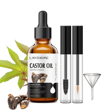 Lanthome Organic Castor Oil Cold Pressed Certified (1.7 Floz with Eyelash Kit), Black Castor Oil for Eyelashes, Eyebrows &amp; Skin Moisturizer, Hair Growth Oil Hexane Free