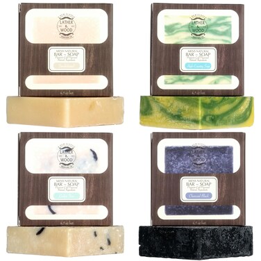 Lather &amp; Wood Bar Soap for Men - Variety Pack - (4) 5oz Man Soap Bars for Bath, Body, and Hands - Natural and Organic Ingredients - Sandalwood - Charcoal Black - Cedar Forest - High Country Sage