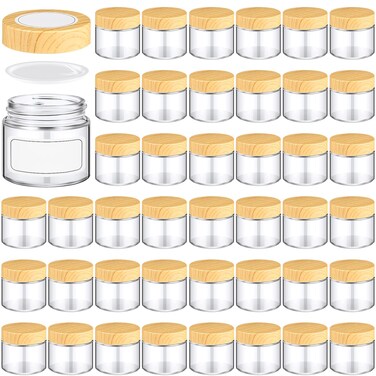 Layhit 48 Pcs Glass Jars with Lids Clear Small Jars with Plastic Woodgrain Lids, White Labels and Inner Liners Empty Round Cosmetic Containers for Creams Lotions Powder Ointments Candle Making (2 oz)