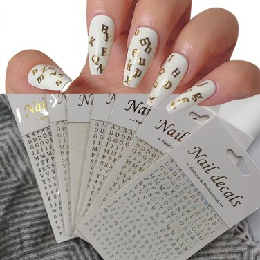 7 Sheets Letter Nail Stickers,3D Self-Adhesive Designs English Alphabet Nail Decals Black White Gold Silver Laser Designs Letter Nail Art Stickers for Women DIY Acrylic Nail Art Decorations Charms