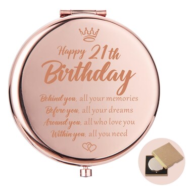 21st Birthday Gifts for Her, 21st Birthday Ideas Rose Gold Compact Mirror for Purses, Inspirational Gifts Happy 21st Birthday Gifts for Her Sister Daughter Travel Makeup Mirror