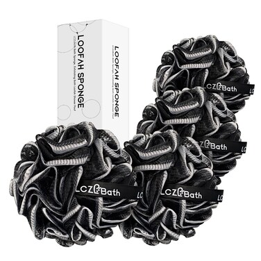 Large Loofah Pack Shower Loofah Sponge Bath Luffa Set for Body Scrubbing, Black Soft Poufs and Puffs XL