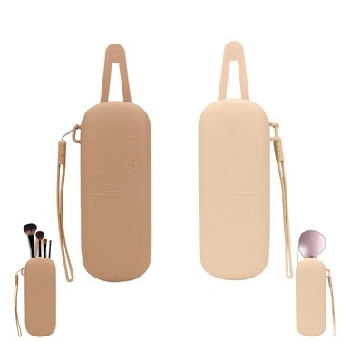 Travel Portable Makeup Bag Make up Brush Holder, Silicone Cosmetic Brush Pouch with Magnetic Buckle, Waterproof Drawstring Eyeglass Cases, Sunglass Organizer Travel Essentials (Khaki and Brown)