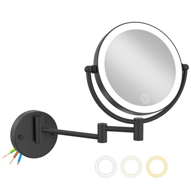 8&amp;quot; Wall Mounted Lighted Makeup Vanity Mirror with 3 Color Lights Stepless Dimming, 1X/10X Magnifying LED Two Sided Bathroom Touch Sensor Extendable Arm 360 Swivel Shaving Mirror Hardwired, Matte Black