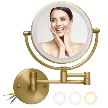 Wall Mounted Makeup Mirror with Light and Magnification, 7W Higher Brightness and Dimmable 1X/10X Double Sided Wall Magnified Mirror, Extending Vanity Mirror for Bathroom, Black, Direct Wire