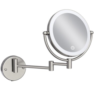 Rechargeable Wall Mounted Lighted Makeup Vanity Mirror with Magnification, 8 Inch Double-Sided 10X Magnifying Bathroom Mirror, Light up Mirror Foldable, Vibrant Brushed Nickel