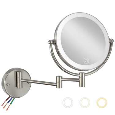 Wall Mounted Lighted Makeup Vanity Mirror with Magnification, 8 Inch Double Sides 10X Magnifying Bathroom Mirror 3 Color Lighting Touch Dimming, Extended Arm Shaving Mirror Hard Wired, Brushed Nickel