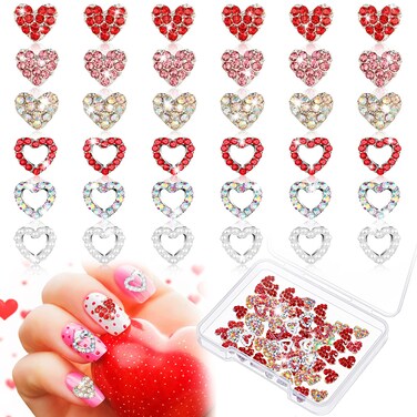 60 Pieces Valentines Day 3D Heart Nail Charms Heart Rhinestone Art Decals Love Crystal Gems Alloy Diamonds Decor for Valentine&lsquo;s Day Women DIY Nail Jewelry Accessories(Novel Style)