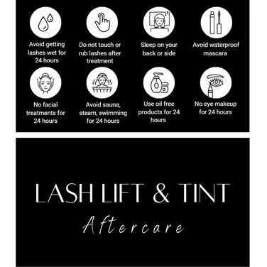 Lash Lift and Tint Aftercare Card   50 Pack   2x3.5 Inch Business Card Size   Lash Lift and Tint, Black &amp; White Simple Design with Illustration &amp; Instruction