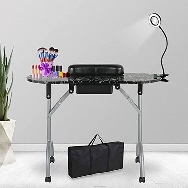 LEIBOU Professional 36''L Portable &amp; Foldable Manicure Table Nail Technician Desk Workstation Manicure Table with Magnifier USB LED Table Lamp,Rolling Wheels,Drawer,Sponge,Free Carrying Bag (Black)