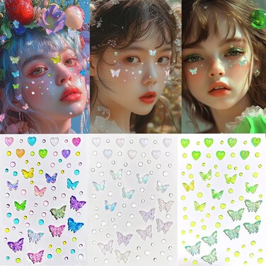 Butterfly Face Gems Glitter Tattoo for Eye Corner and Forehead Bindi Rhinestone Face Jewelry Rave Party Decorations For Women Kids, 3-Pack