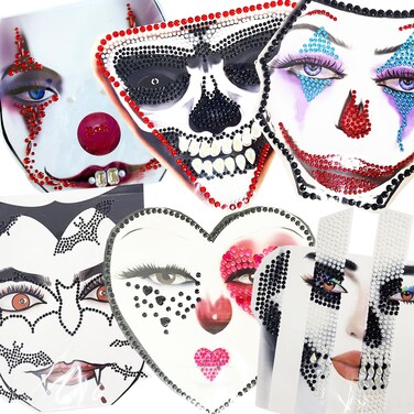 Clown Face Jewels Fake QN Halloween Face Gems Skull Face Jewels for Halloween Makeup,6-Pack
