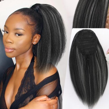 LEOSA Highlighted Ponytail Extension Yaki Drawstring Ponytail for Black Women Short Kinky Straight Ponytail Black Mixed Gray Hair Pieces Natural 4c Clip on Pony tails Hair Extensions