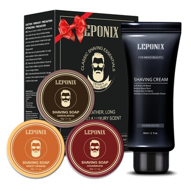 Shaving Soap for Men, Includes 3 Premium Shave Soaps &amp; Moisturizing Sandalwood Shaving Cream for Smooth Wet Shave, Shaving Soap Puck Scented Sandalwood/Cedar/Sweet Orange, Stocking Stuffers