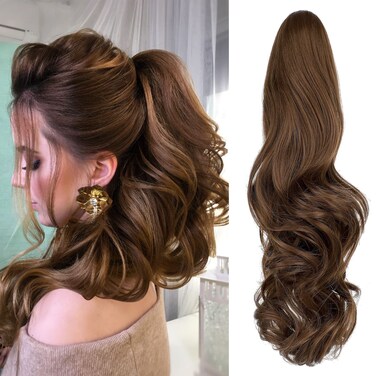 Ponytail Extension Clip in Claw 18" Curly Wavy Pony Tails Clip-on Long Hairpiece Jaw for Women Light Chestnut Brown
