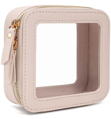 Clear Makeup Bags Case,TSA Approved Toiletry Bag with Zipper,Mini Clear Makeup Pouch Purse Small Organizer Fit Carry-on Travel Car Essentials Storage,Clear Cosmetic Bags with Handle (Mini Beige)