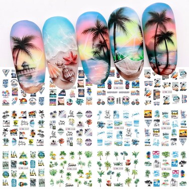 Summer Coconut Tree Nail Art Stickers Water Transfer Nail Decals Ocean Beach Palm Tree Nail Design Sticker Tropical Style Nail Stickers for Women Girls DIY Nails Design Nail Art Decorations Supplies