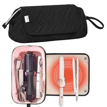 Leudes Hair Tools Travel Bag for Women Heat Resistant Mat for Travel Essentials Hot Tools Straighteners,Flat Irons,Curling Iron,Hot Air Brushes and Hair Dryer Organizer Bags 2 in 1(Black)